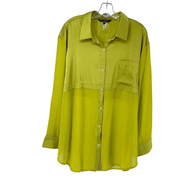 Davi Dani Lime Green Top Long Sleeve Satin Button Up Size 1X Semi Sheer Panel - Picture 1 of 8